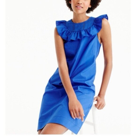 J Crew Dress Cobalt Blue 8 Rich Neckline Shift Cotton Career Church Casual - Picture 1 of 9